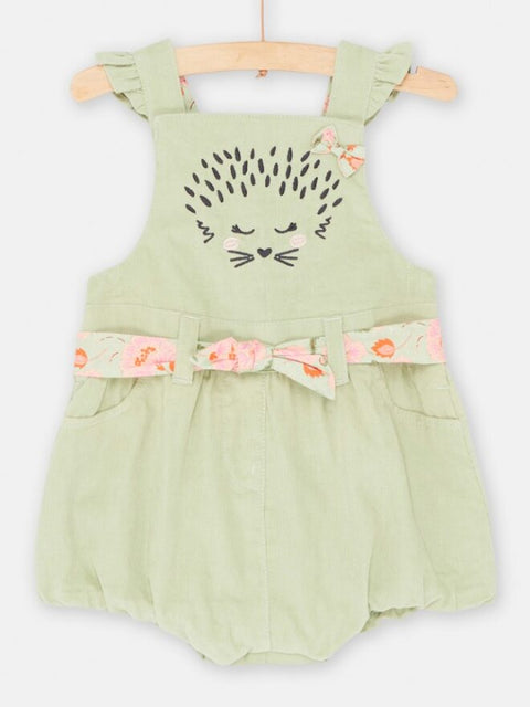 Green Lined Short Corduroy Dungarees with Floral Fabric Belt