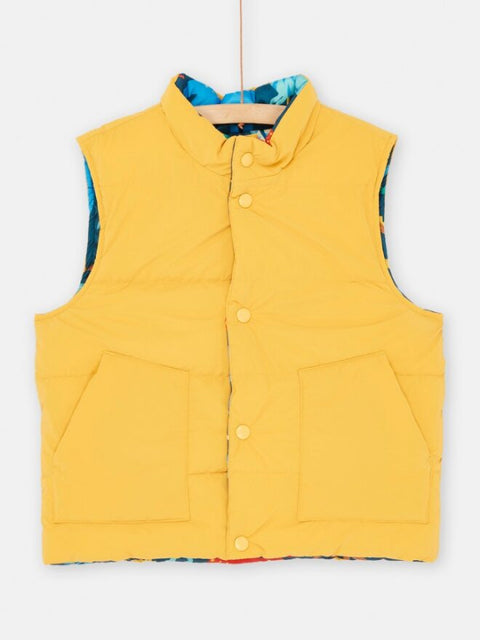Yellow & Green Dinosaur Print Reversible Sleeveless Jacket