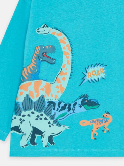 Turquoise Dinosaur Print Sequin Cotton T-shirt