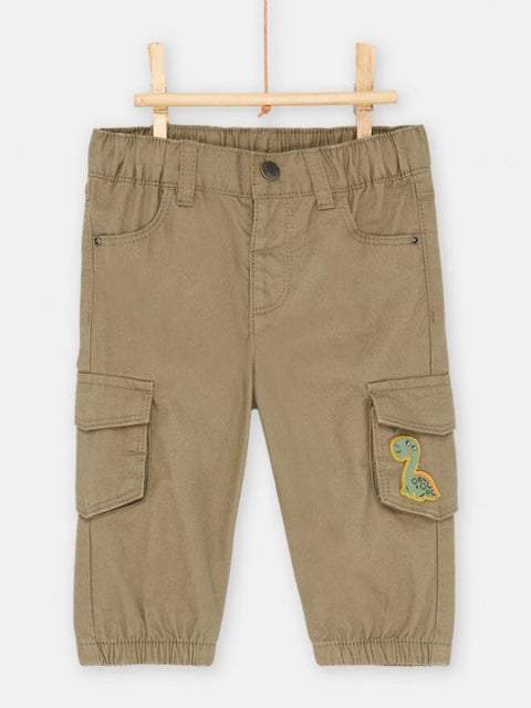 Green Cotton Cargo Trousers with Dinosaur Badge
