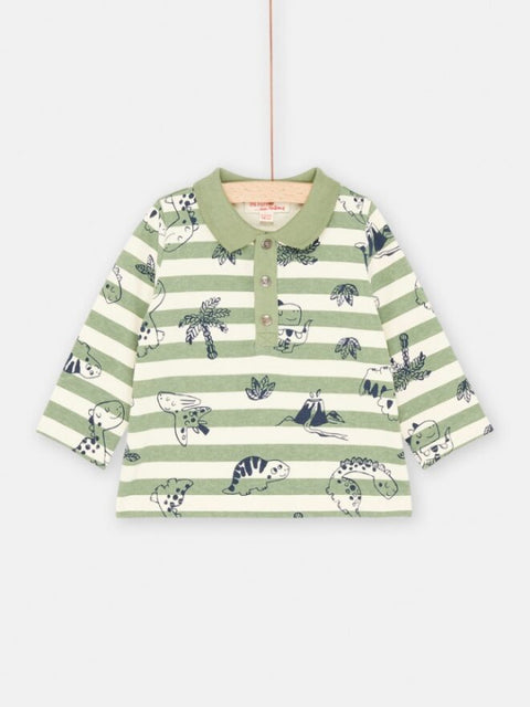 Green & Cream Stripe Cotton Polo Shirt with Dinosaur Print