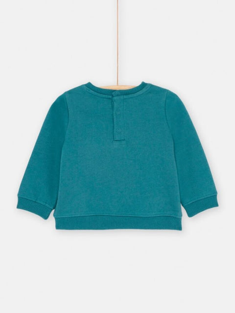 Green Cotton Fleece Sweatshirt With Boucle Dinosaur Applique
