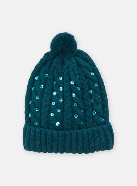 Sequinned Teal Green Fancy Knit Hat With Bobble
