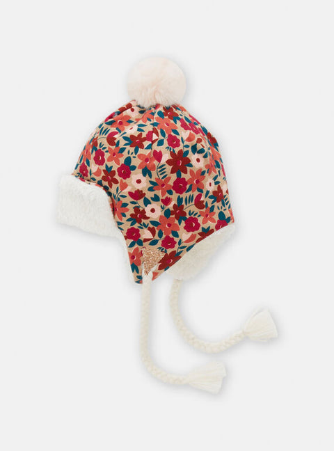 Floral Print Soft Boa Lined Hat With Ear Muffs & Ties