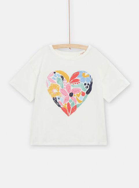 Cream Heart Shaped Floral Print Cotton T-shirt