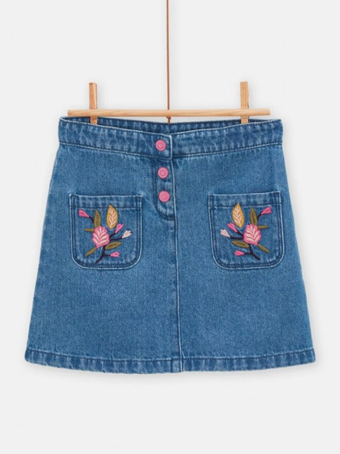 Floral Embroidered Denim A Line Skirt