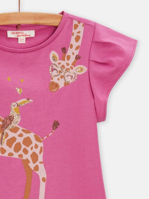 Pink Giraffe Print Cotton T-shirt