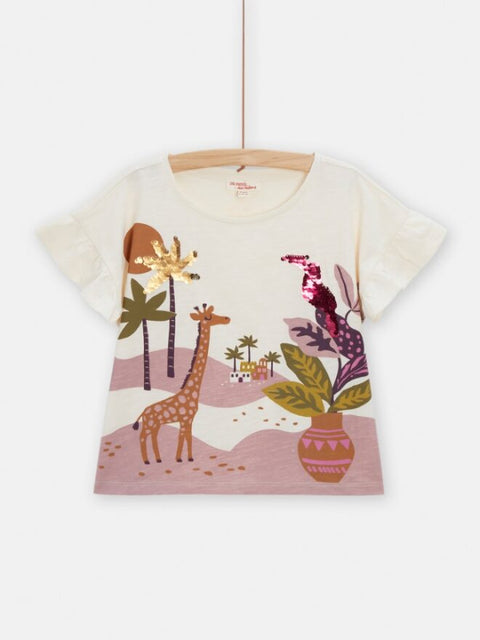 Cream Sequined Animal Print Cotton T-shirt