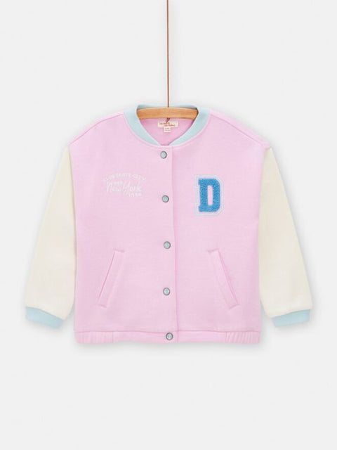 Pink & Cream Cotton Fleece Baseball Jacket