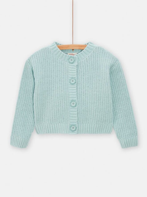 Turquoise Chenille Cardigan With Oversized Buttons