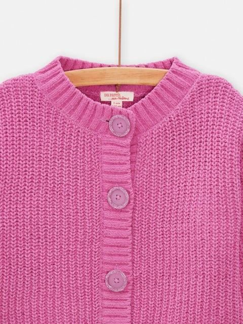 Dark Rose Chenille Knit Cardigan With Oversized Buttons