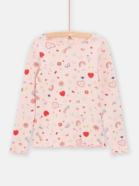 Pink Rib Rainbow & Heart Print Cotton T-shirt