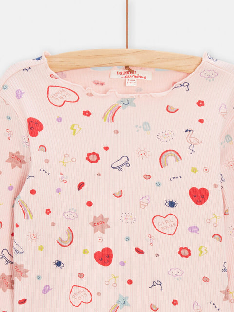 Pink Rib Rainbow & Heart Print Cotton T-shirt