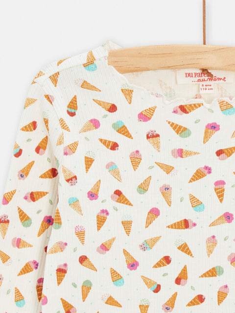 Ribbed Cream Ice Cream Cone Print Cotton T-shirt