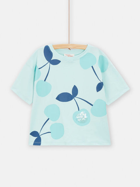 Turquoise Cherry Print Short Sleeve Cotton T-shirt With Sequins