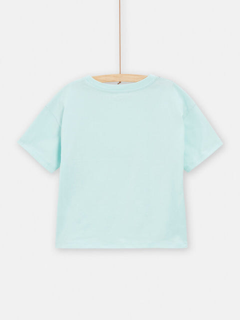 Turquoise Cherry Print Short Sleeve Cotton T-shirt With Sequins