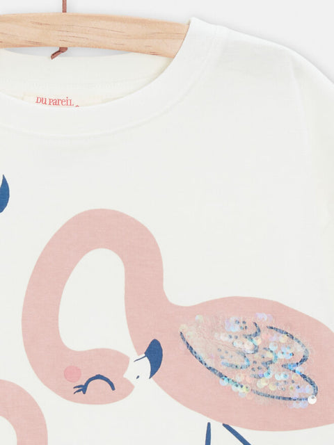 Cream Flamingo Print Cotton T-shirt With Sequins