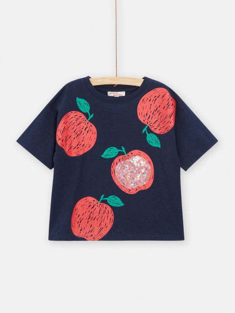 Navy Apple print Short Sleeve Cotton T-shirt With Sequins