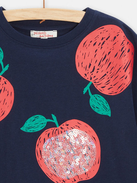 Navy Apple print Short Sleeve Cotton T-shirt With Sequins