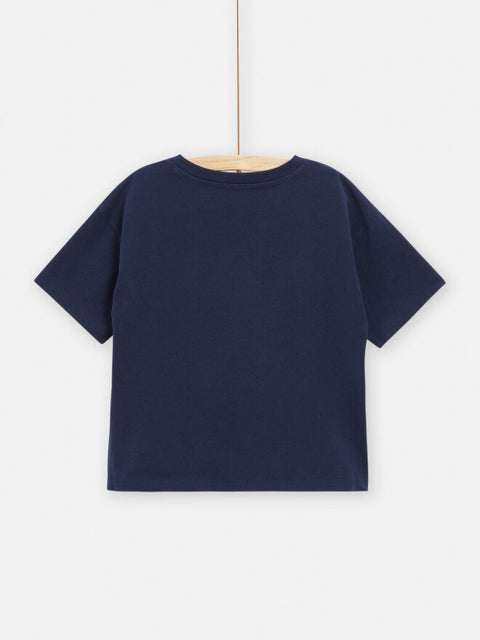 Navy Apple print Short Sleeve Cotton T-shirt With Sequins