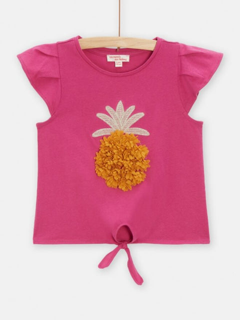 Pink Pineapple Applique Capped Sleeve Cotton T-shirt