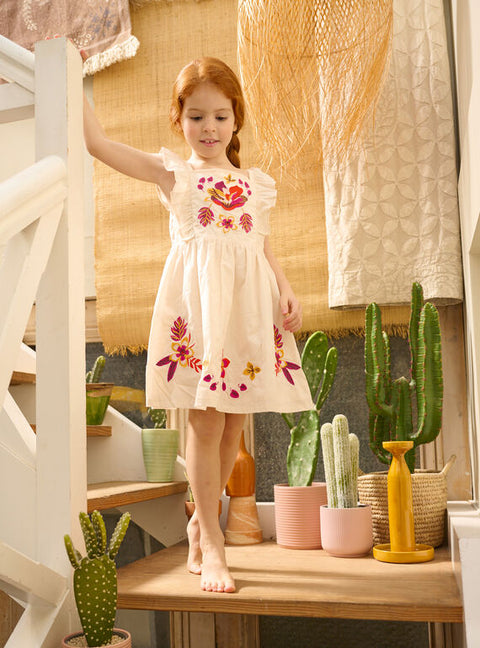 Lined Cream Cotton Dress With Floral Embroidery