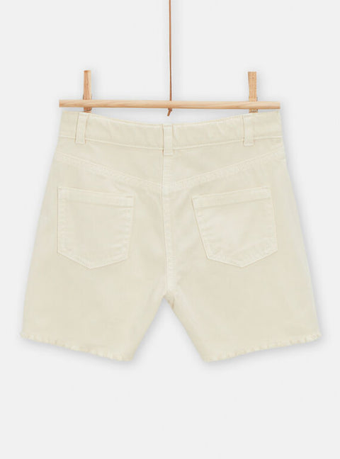 Cream Cotton Twill Shorts With Floral Embroidery