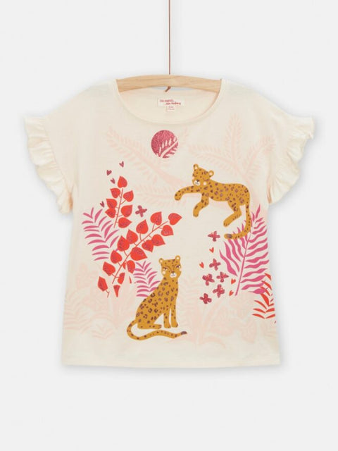 Cream Leopard Print Short Sleeve Cotton T-shirt