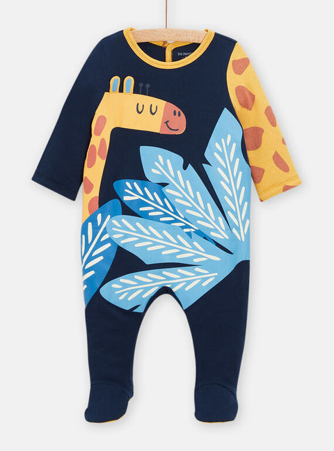 Lined Navy Giraffe Print Cotton Sleepsuit