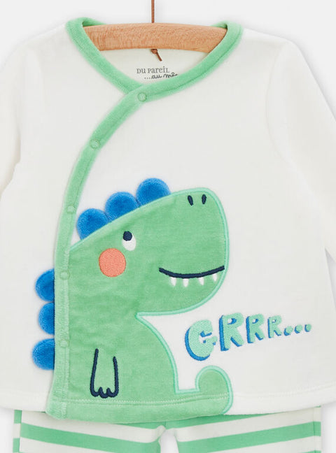 Green & White Dinosaur Applique Velour Pyjamas