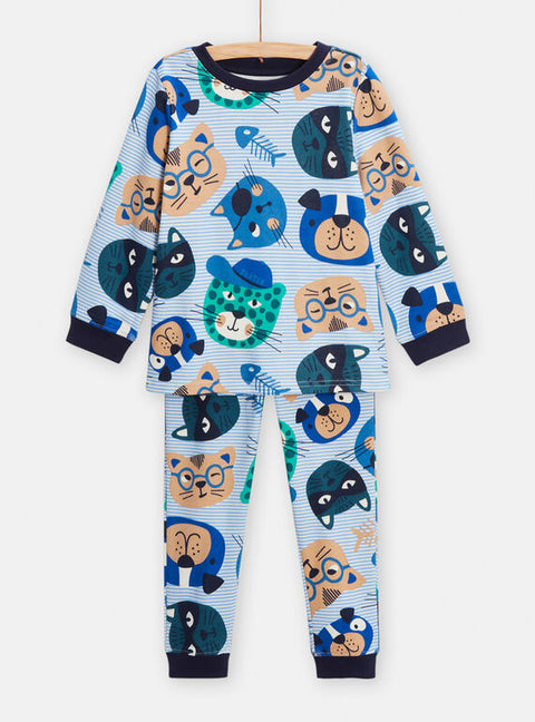 Blue Dog & Cat Print Cotton Pyjamas