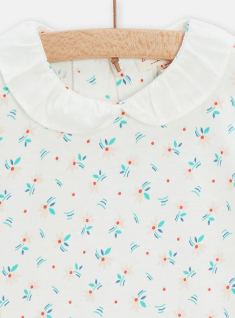 White Ditsy Print Cotton T-shirt With Collar