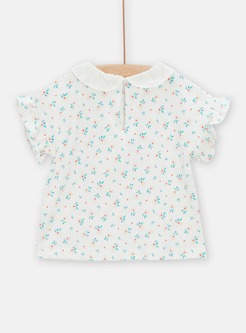White Ditsy Print Cotton T-shirt With Collar