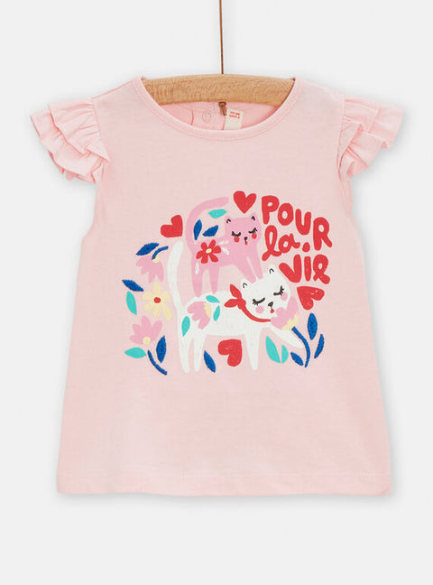 Pink Cat Print Ruffle Sleeve Cotton T-shirt
