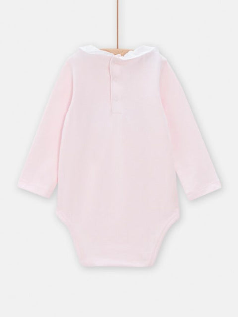 Pink Cotton Bodysuit With Ruffle Collar