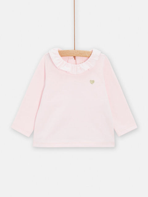 Pink Cotton T-shirt With Ruffle Collar