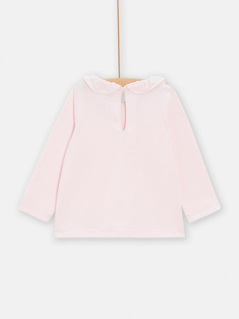 Pink Cotton T-shirt With Ruffle Collar