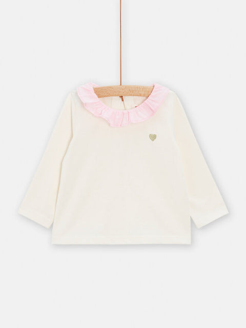 Cream Cotton T-shirt With Pink Ruffle Collar