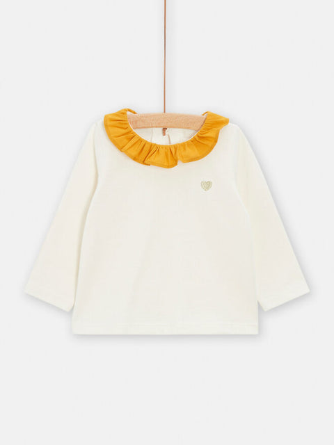 Cream Cotton T-shirt With Yellow Ruffle Collar