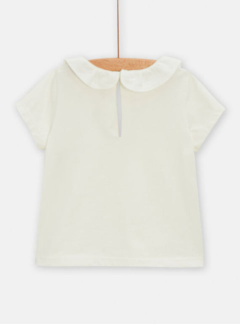 Cream Cotton T-shirt with Ruffle Collar