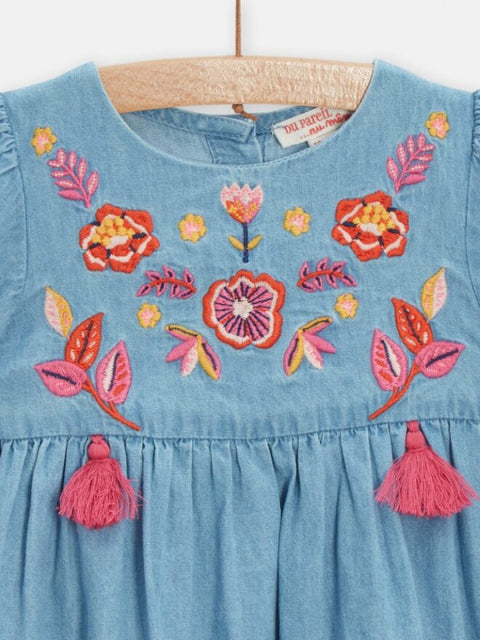 Lined Floral Embroidered Denim Dress