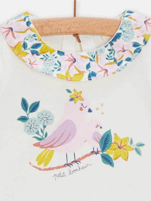 White Floral Print Cotton T-shirt With Collar