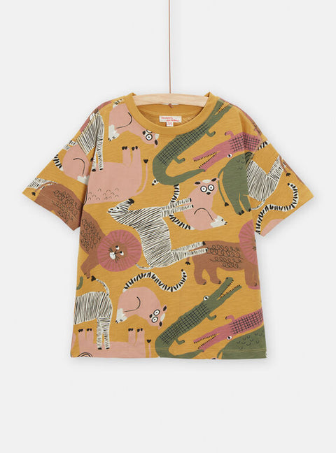 Yellow Jungle Animal Print Cotton T-shirt