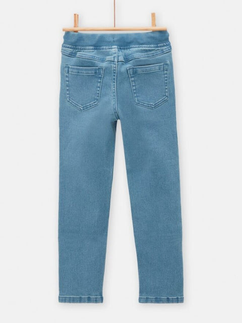 Blue Knit Denim Tie Waisted Jeans