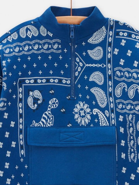 Blue Paisley Print Cotton Fleece Half Zip Sweatshirt