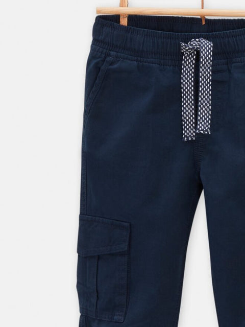 Blue Cargo Cotton Twill Trousers With Tie Waist