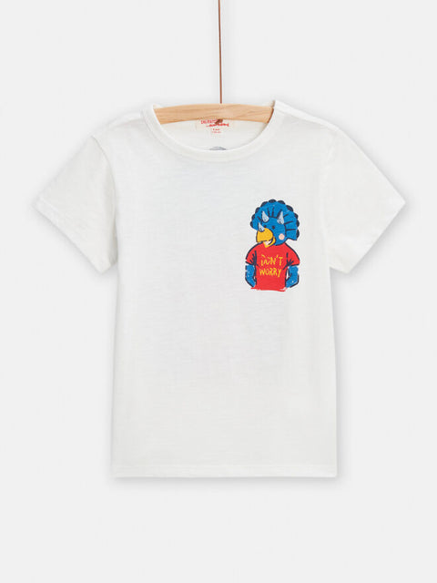White Cartoon Dinosaur Print Cotton T-shirt