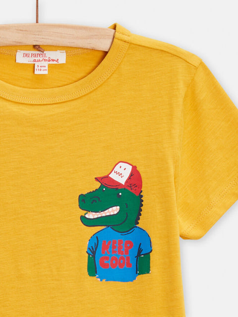 Yellow Cartoon Crocodile Print Cotton T-shirt