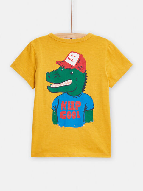 Yellow Cartoon Crocodile Print Cotton T-shirt