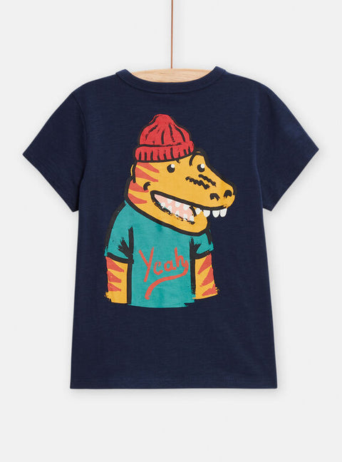 Navy Cartoon Alligator Print Cotton T-shirt